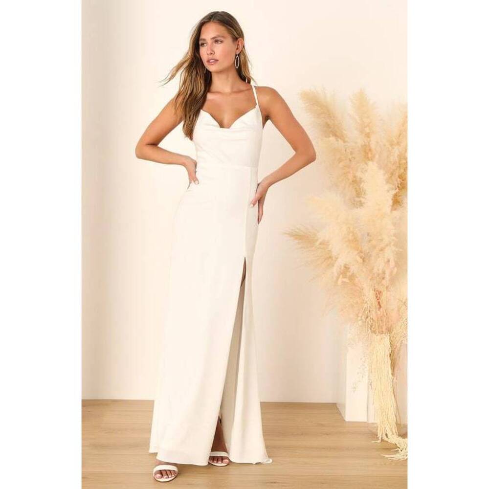 Destined Romance White Satin Cowl Neck Backless Maxi Dress - NWT, size xs
